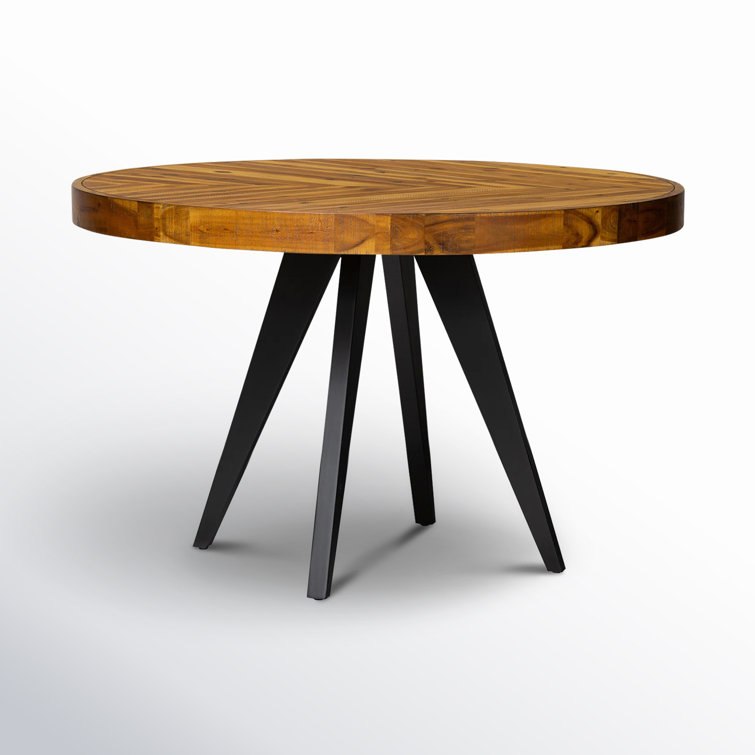 Rustic Acacia Wood Parquet Round Dining Table with Black Legs