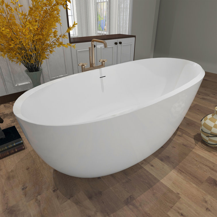 Glossy White 59" Acrylic Freestanding Soaking Tub with Brass Finish