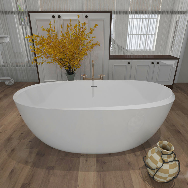 Glossy White 59" Acrylic Freestanding Soaking Tub with Brass Finish