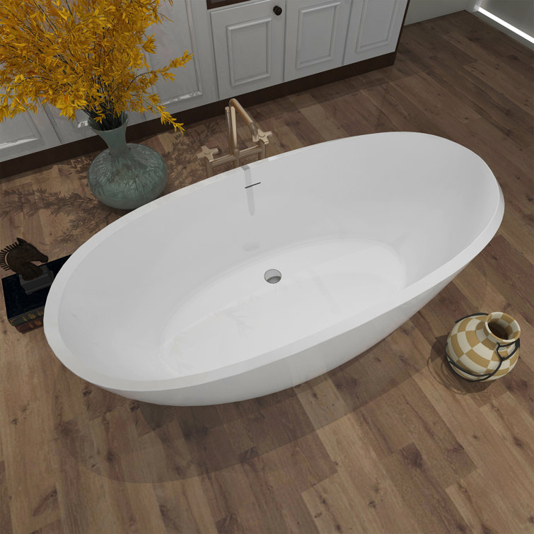 Glossy White 59" Acrylic Freestanding Soaking Tub with Brass Finish