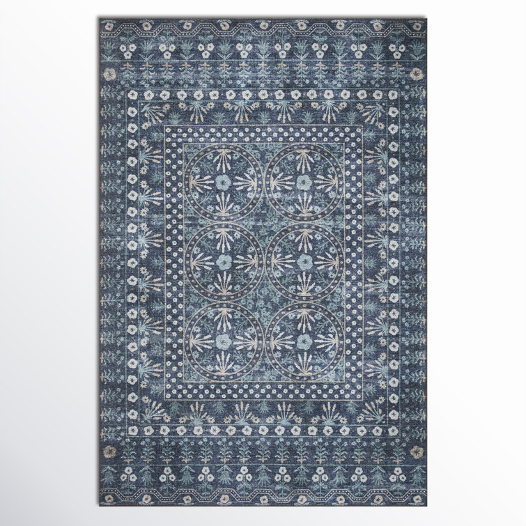 Rosette Blue Flat Woven Wool Synthetic Area Rug