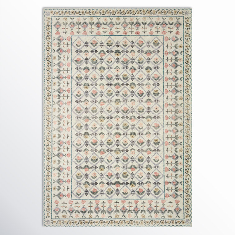 Lattice Ivory Floral 5' x 7' Wool-Synthetic Blend Area Rug