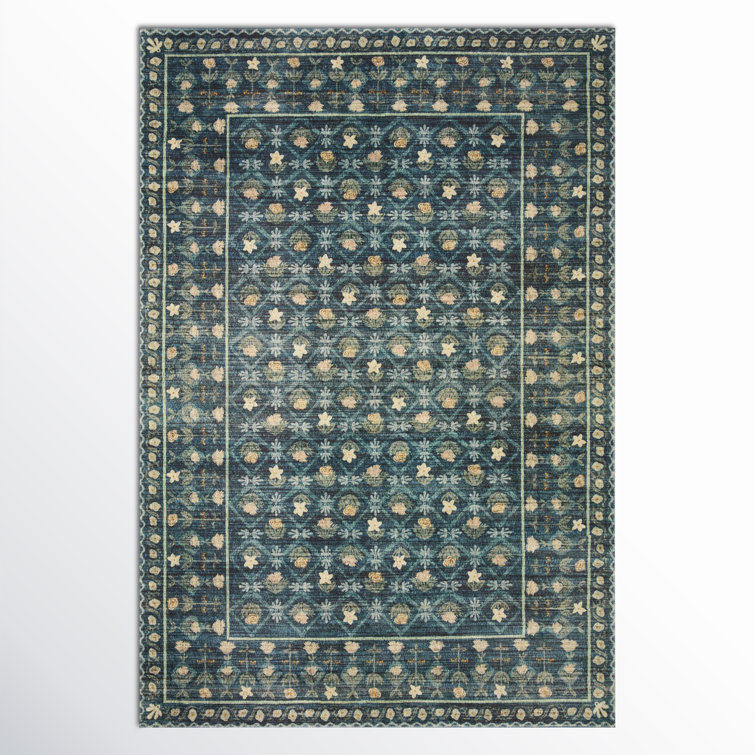 Lattice Indigo Floral 6' x 9' Wool Blend Vintage Area Rug