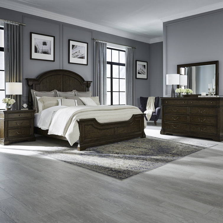 Satin Cherry King Poster Bed Set with Dresser & Mirror