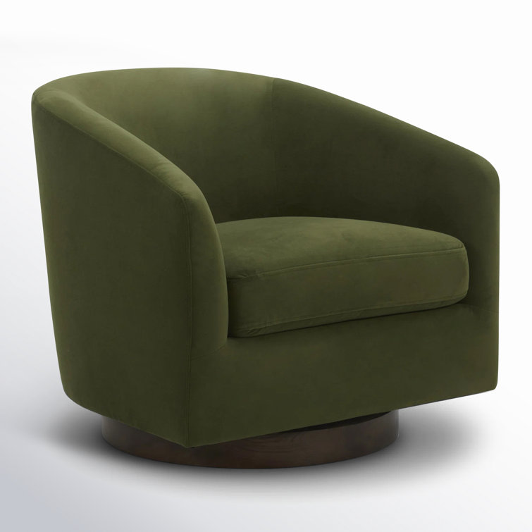 Green Velvet Swivel Barrel Chair with Wood Base