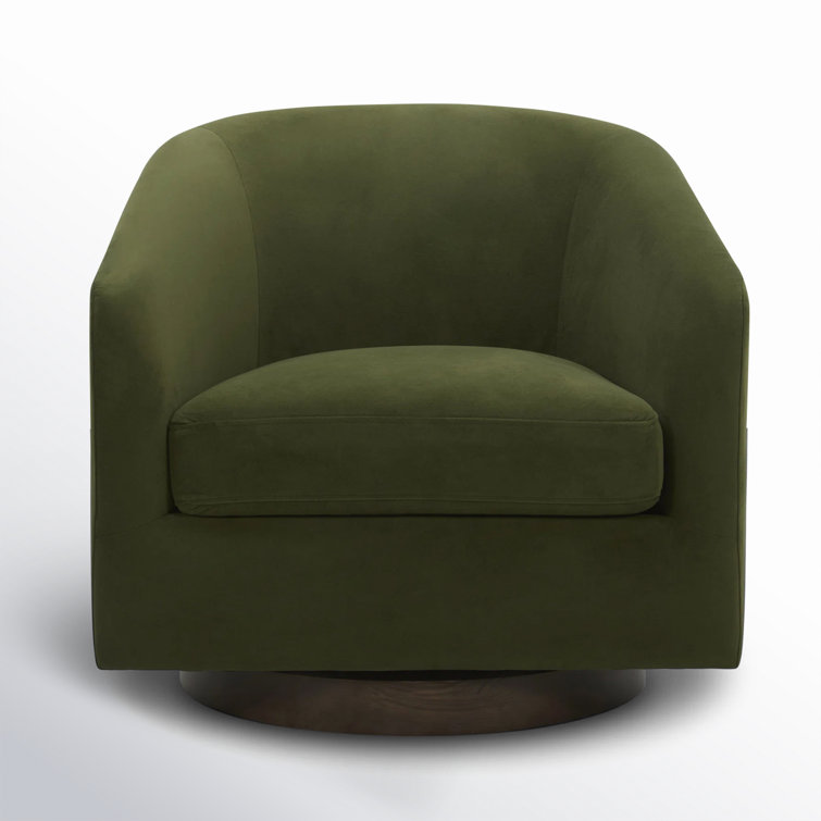 Green Velvet Swivel Barrel Chair with Wood Base
