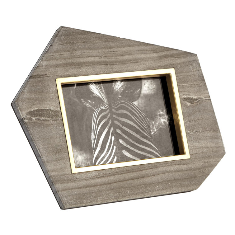 Hexagonal Polished Brass and Gray Wood Picture Frame