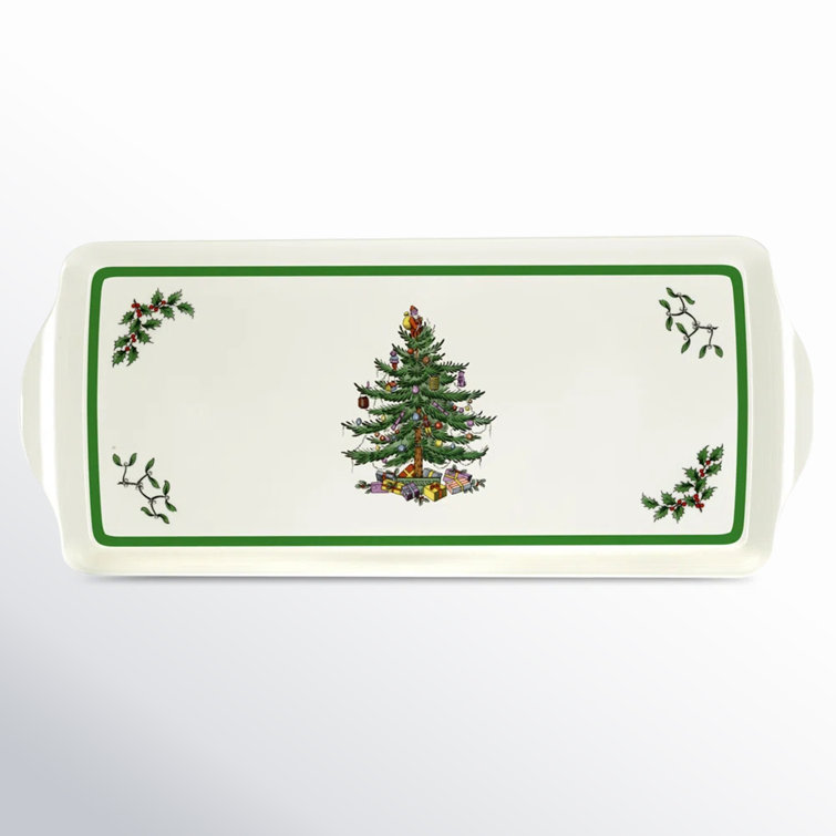 Festive Green-Banded Christmas Tree Melamine Sandwich Tray - 15.1 x 6.5 Inches