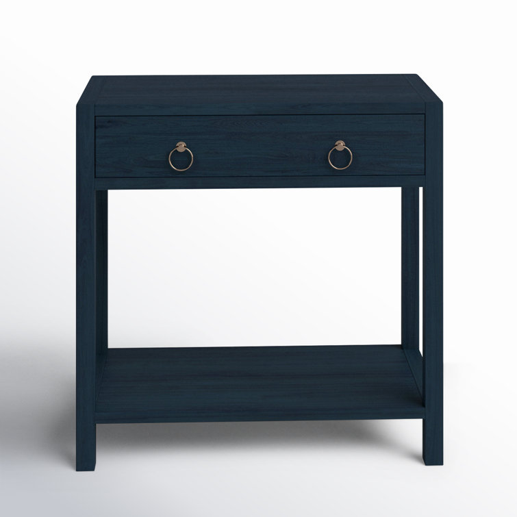 Navy Blue Acacia Wood 1-Drawer Nightstand with Gold Hardware
