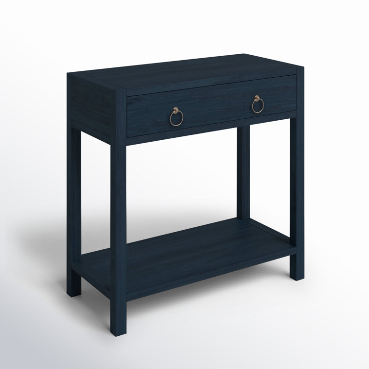 Navy Blue Acacia Wood 1-Drawer Nightstand with Gold Hardware