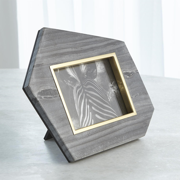 Hexagonal Polished Brass and Gray Wood Picture Frame