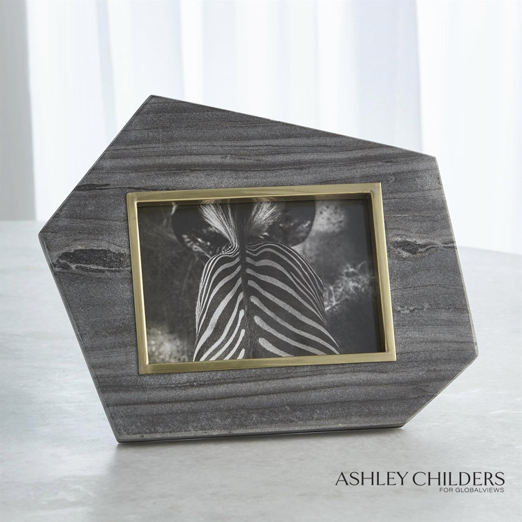 Hexagonal Polished Brass and Gray Wood Picture Frame