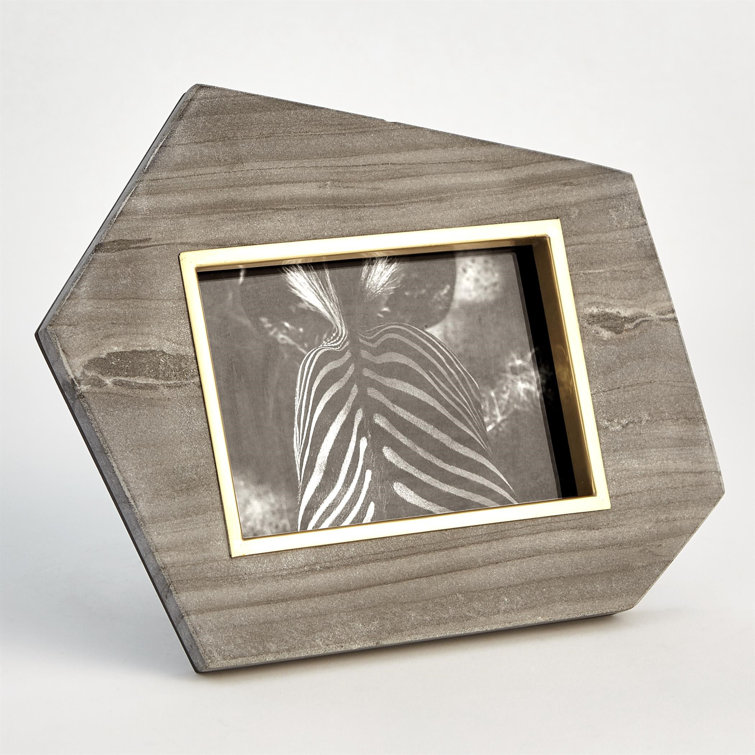 Hexagonal Polished Brass and Gray Wood Picture Frame