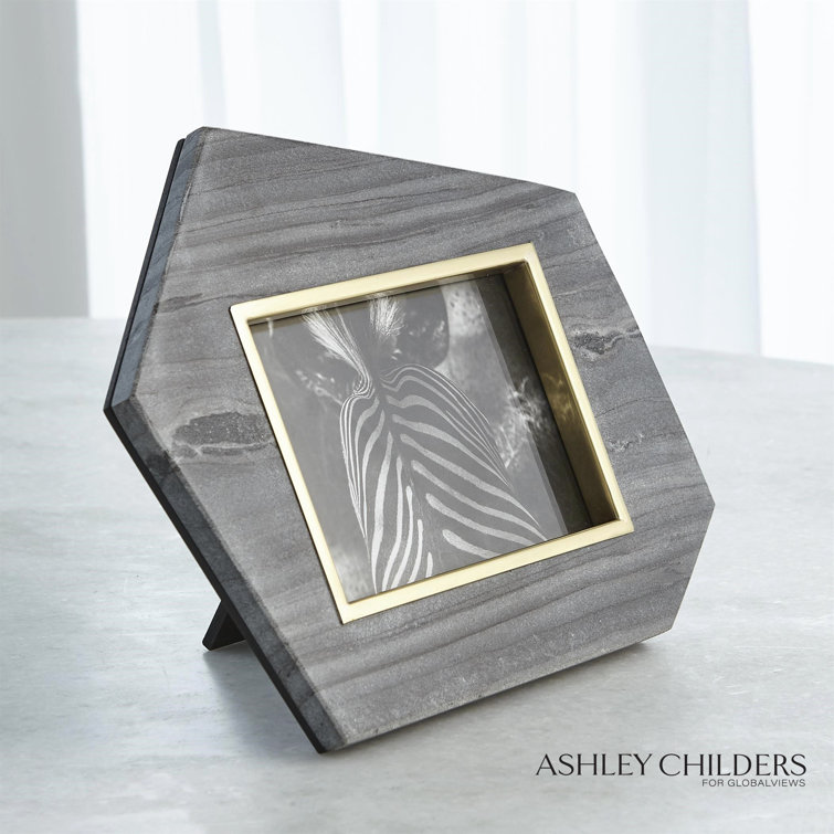 Hexagonal Polished Brass and Gray Wood Picture Frame