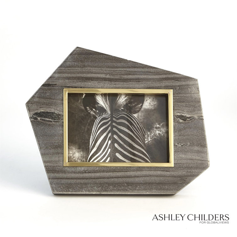 Hexagonal Polished Brass and Gray Wood Picture Frame