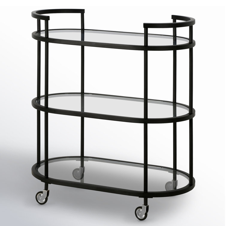 Blackened Bronze Oval Steel and Glass Bar Cart