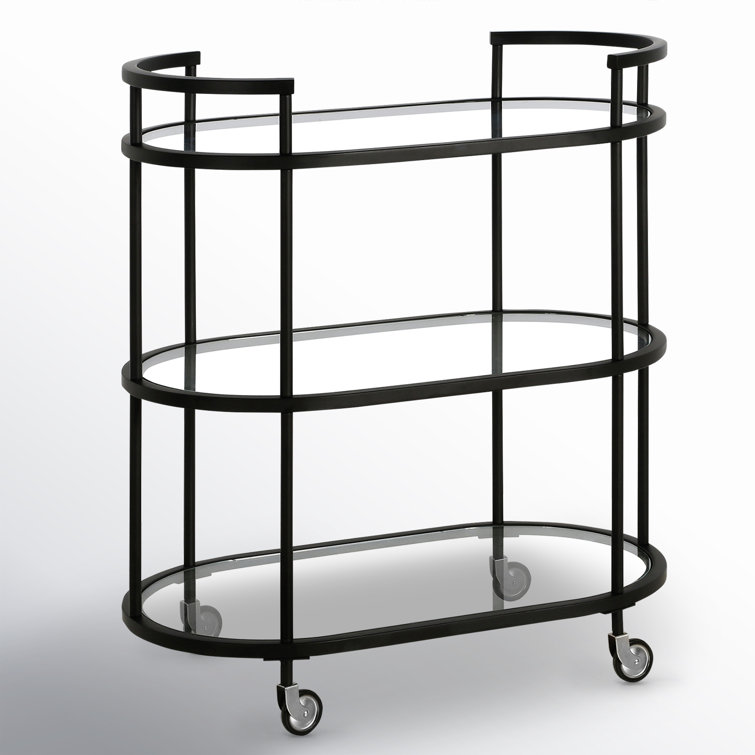 Blackened Bronze Oval Steel and Glass Bar Cart