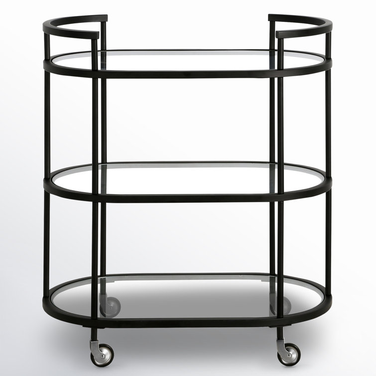 Blackened Bronze Oval Steel and Glass Bar Cart