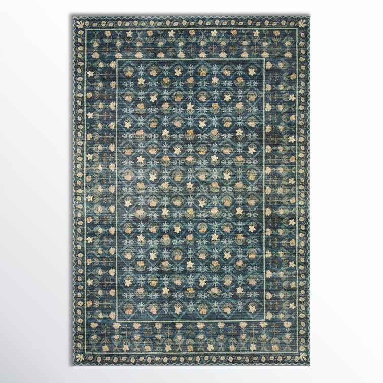 Lattice Indigo Floral Power-Loomed 66"x42" Wool Blend Area Rug