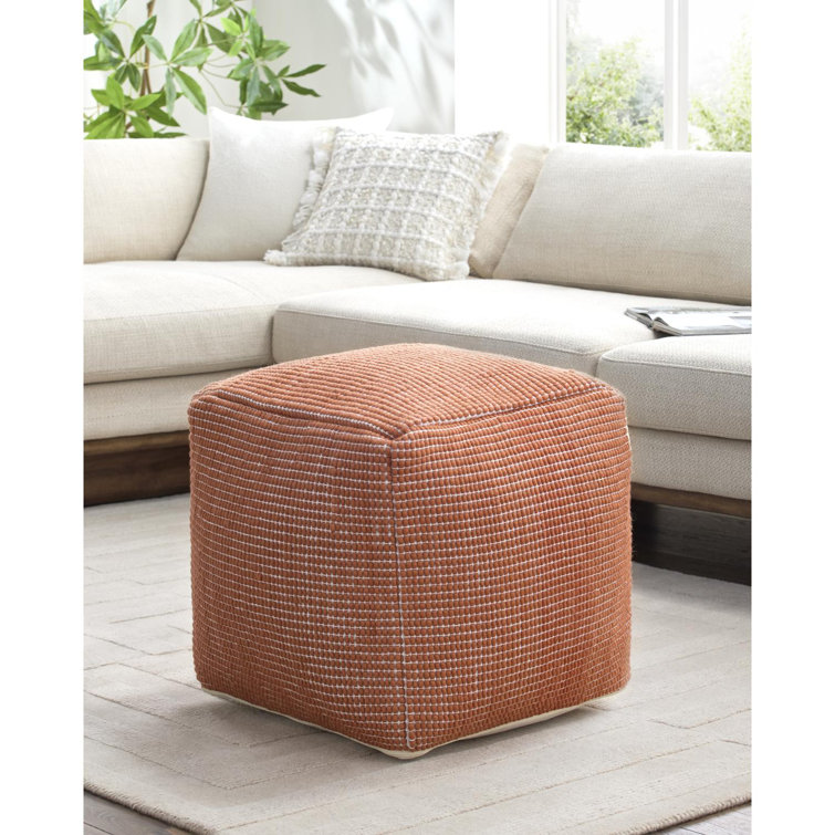 Square Orange Cotton Wool Upholstered Pouf