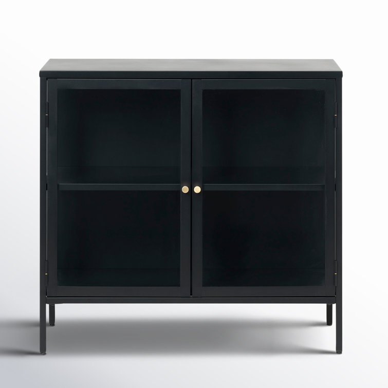 Black and Gold Metal Glass-Paned Storage Cabinet