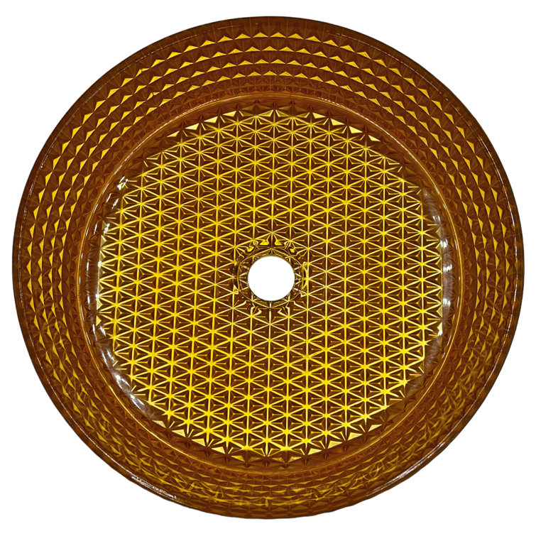Gold Tempered Glass Circular Bathroom Vessel Sink, 14-inch