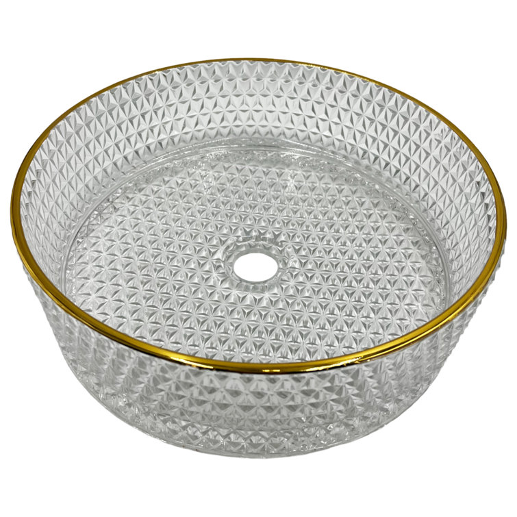 16" Clear and Gold Glass Circular Bathroom Vessel Sink