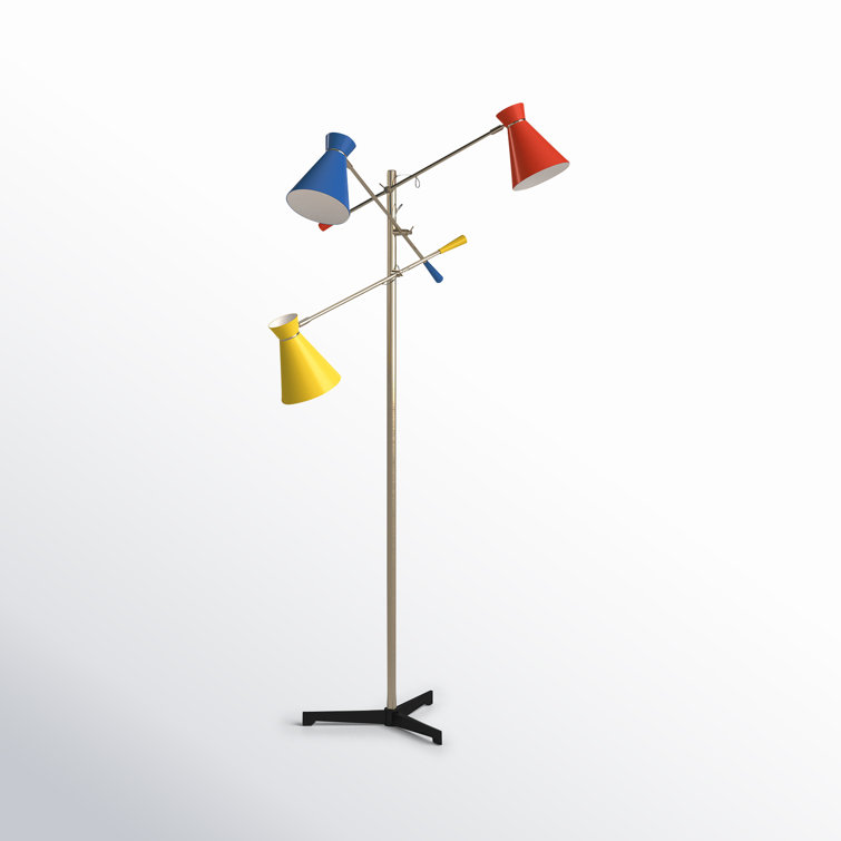Adjustable Antique Brass Tripod Floor Lamp with Multi-Color Shades