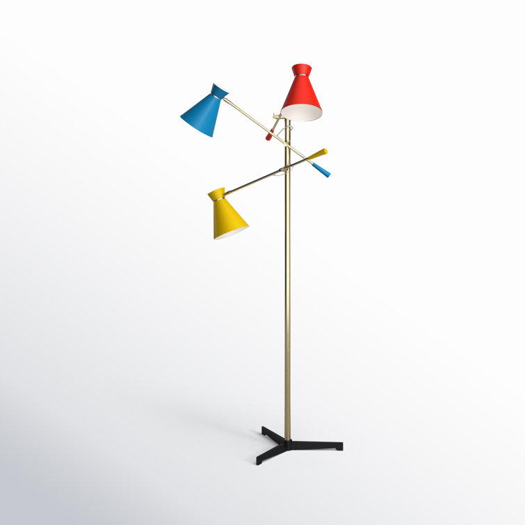 Adjustable Antique Brass Tripod Floor Lamp with Multi-Color Shades