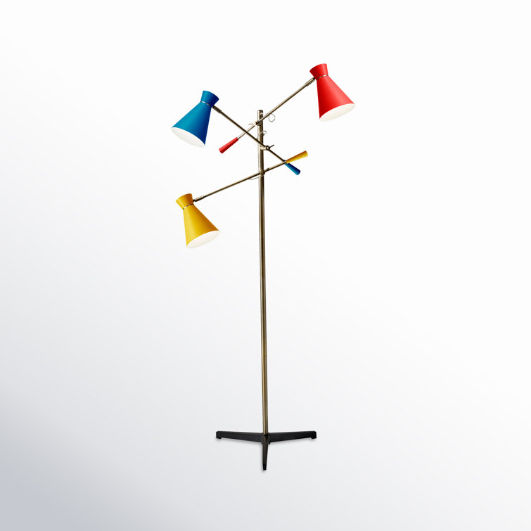 Adjustable Antique Brass Tripod Floor Lamp with Multi-Color Shades