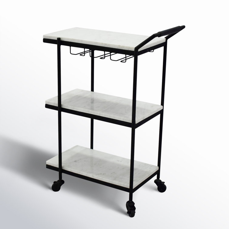 White Marble and Black Iron Bar Cart with Storage