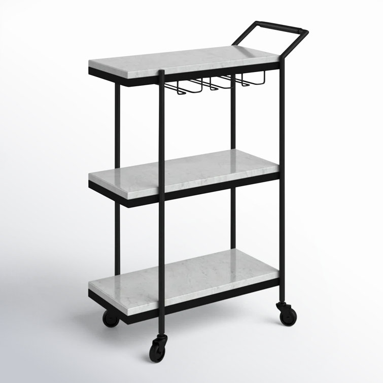 White Marble and Black Iron Bar Cart with Storage