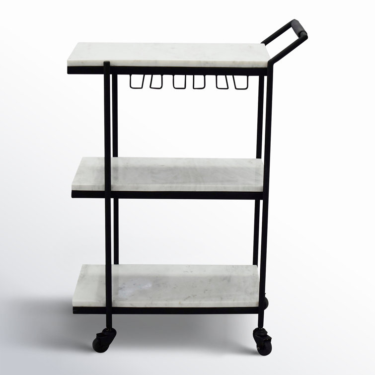 White Marble and Black Iron Bar Cart with Storage