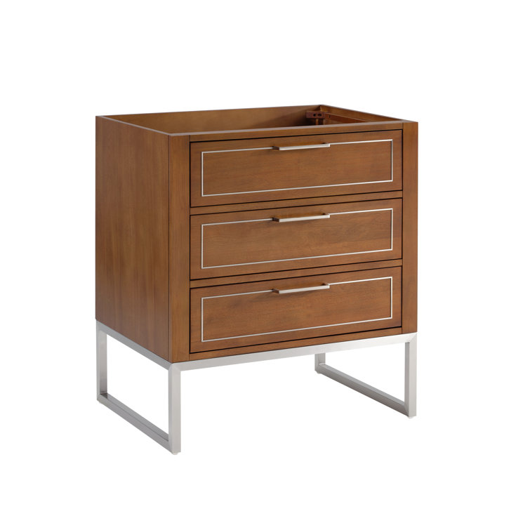 Walnut and Satin Brass Single Bathroom Vanity with White Quartz Top