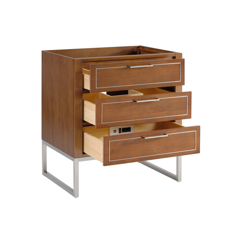 Walnut and Satin Brass Single Bathroom Vanity with White Quartz Top