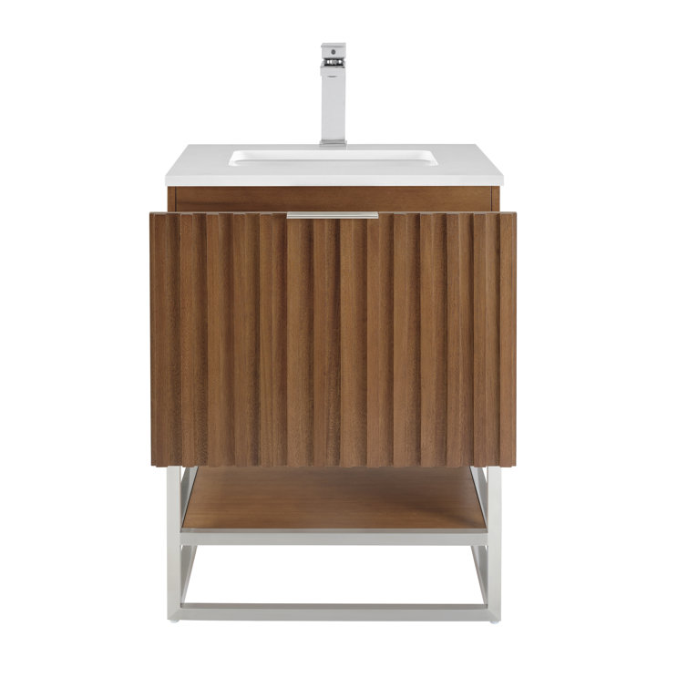 Walnut and White Quartz Single Bathroom Vanity with Brushed Nickel Hardware