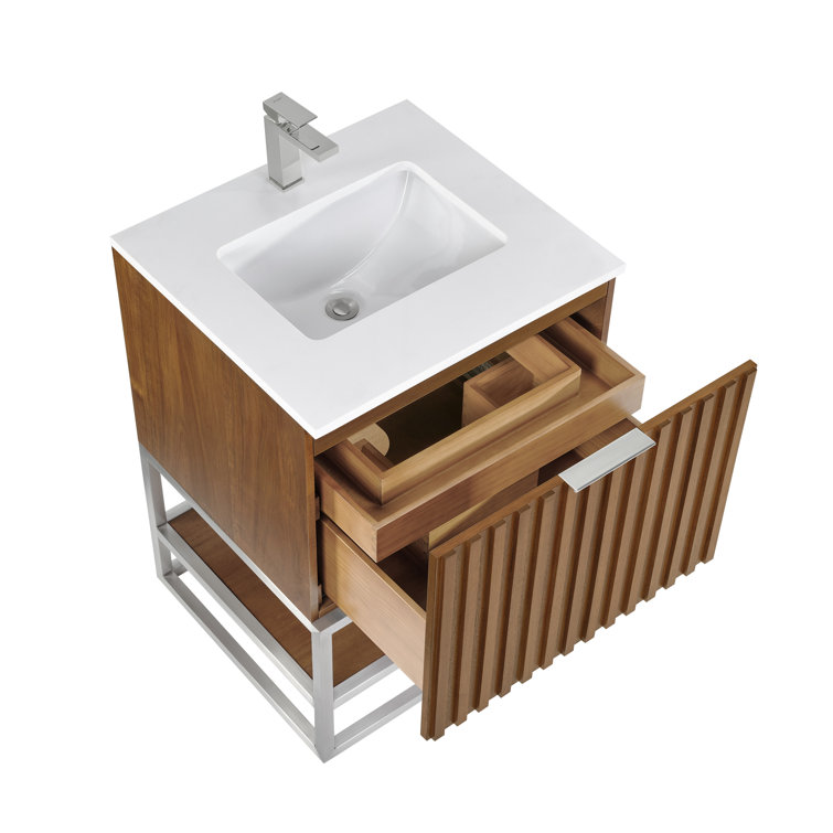 Walnut and White Quartz Single Bathroom Vanity with Brushed Nickel Hardware