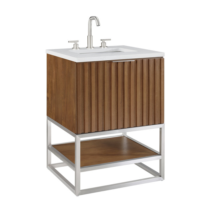 Walnut and White Quartz Single Bathroom Vanity with Brushed Nickel Hardware