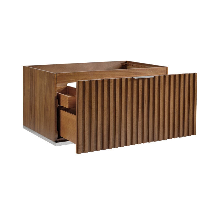 Walnut and White Quartz Single Wall-Mount Bathroom Vanity