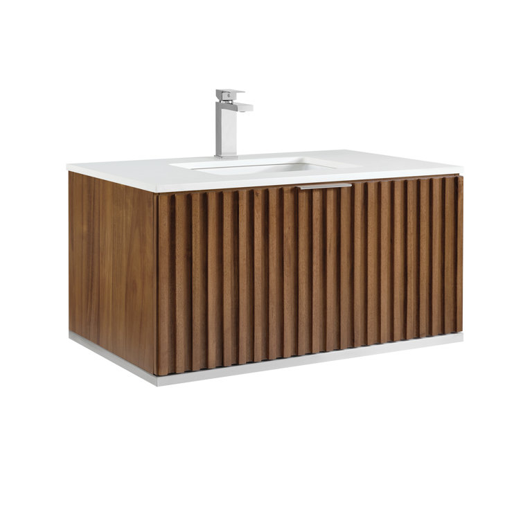Walnut and White Quartz Single Wall-Mount Bathroom Vanity