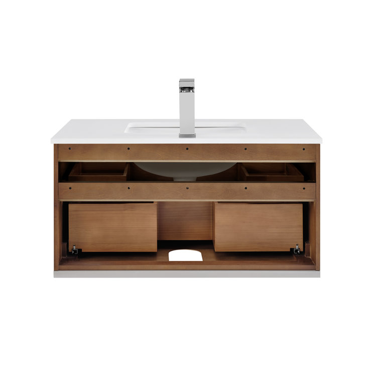 Walnut and White Quartz Single Wall-Mount Bathroom Vanity