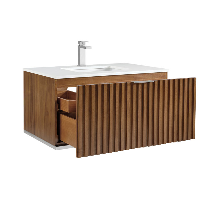 Walnut and White Quartz Single Wall-Mount Bathroom Vanity
