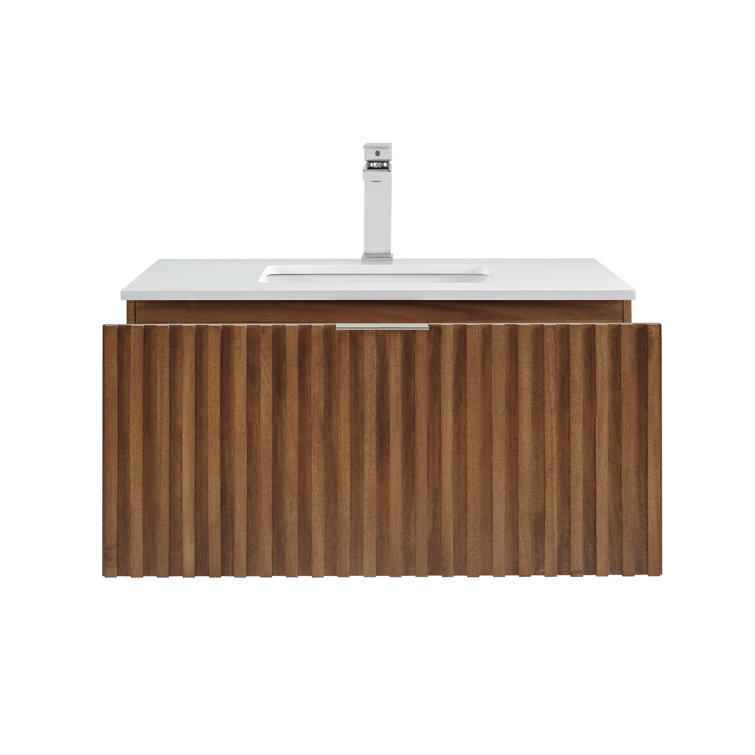 Walnut and White Quartz Single Wall-Mount Bathroom Vanity