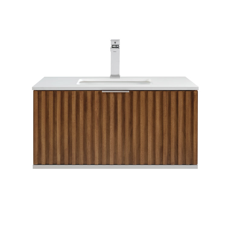 Walnut and White Quartz Single Wall-Mount Bathroom Vanity