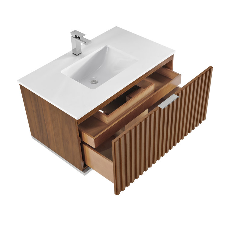 Walnut and White Quartz Single Wall-Mount Bathroom Vanity