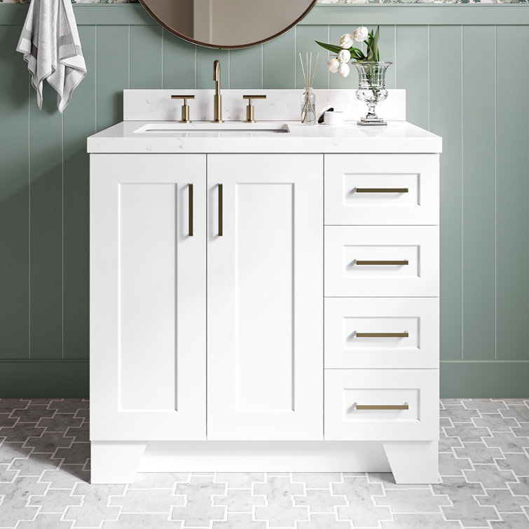 White Quartz Single Basin Freestanding Vanity with Gold Hardware