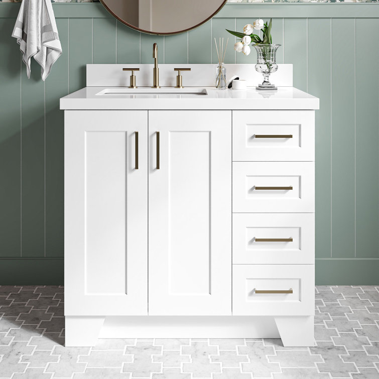White Quartz Top Single Sink Bathroom Vanity with Brass Hardware