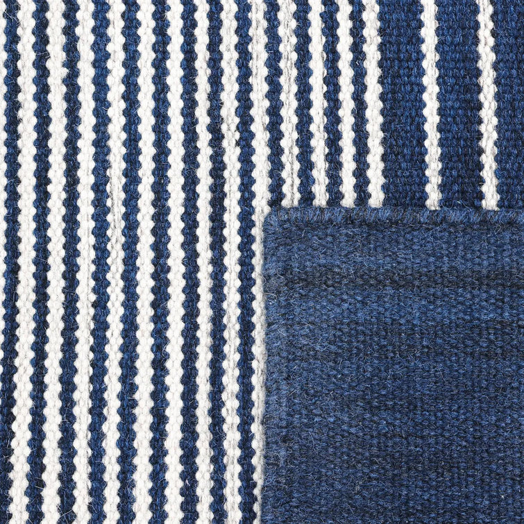 Hand-Woven Striped Navy Wool 8' x 10' Flatweave Area Rug