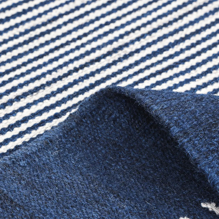Hand-Woven Striped Navy Wool 8' x 10' Flatweave Area Rug