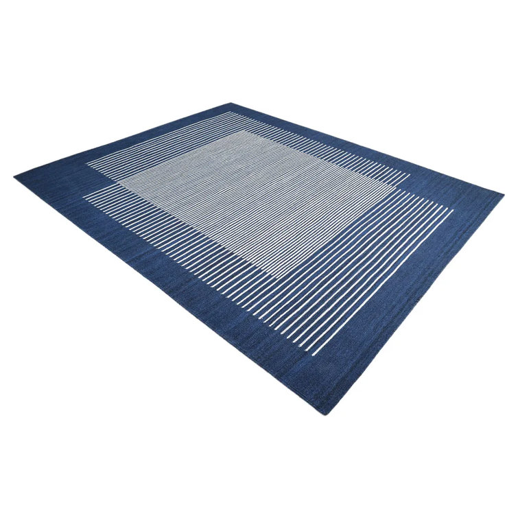 Hand-Woven Striped Navy Wool 8' x 10' Flatweave Area Rug
